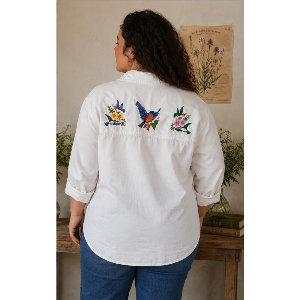 Vintage 90s Faded Glory Floral Embroidered Canvas Cotton Shirt XL Cottagecore